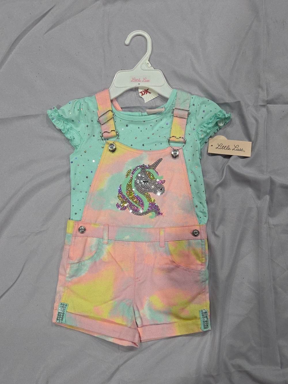 NWT Little Lass Pastel Tie-Dye Unicorn Short Overalls, size 5